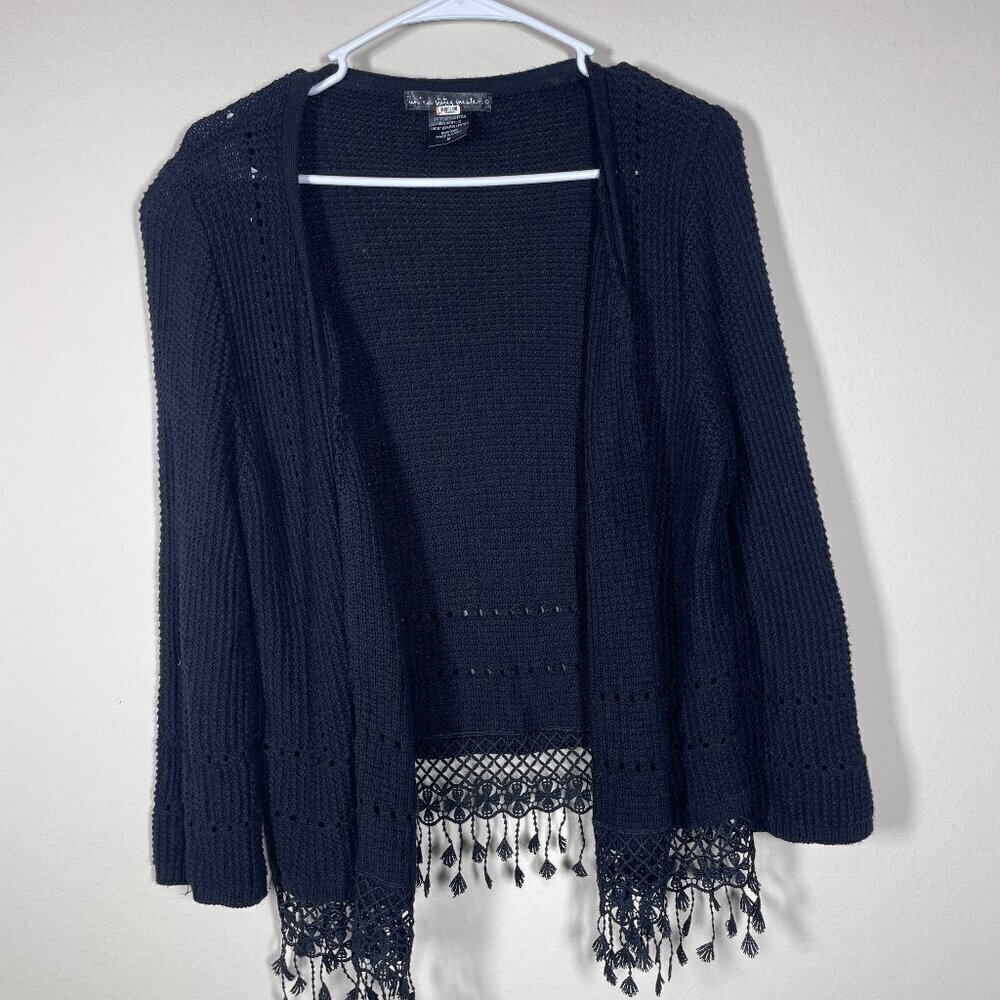 United States Sweater Women's LS Black Embroidered Waffle Knit Cardigan Medium!